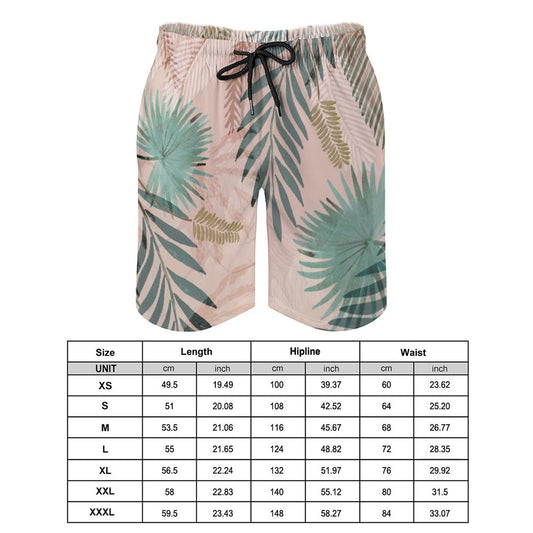 Men's tropical print swim shorts with drawstring waistband and size chart, ideal beachwear gift