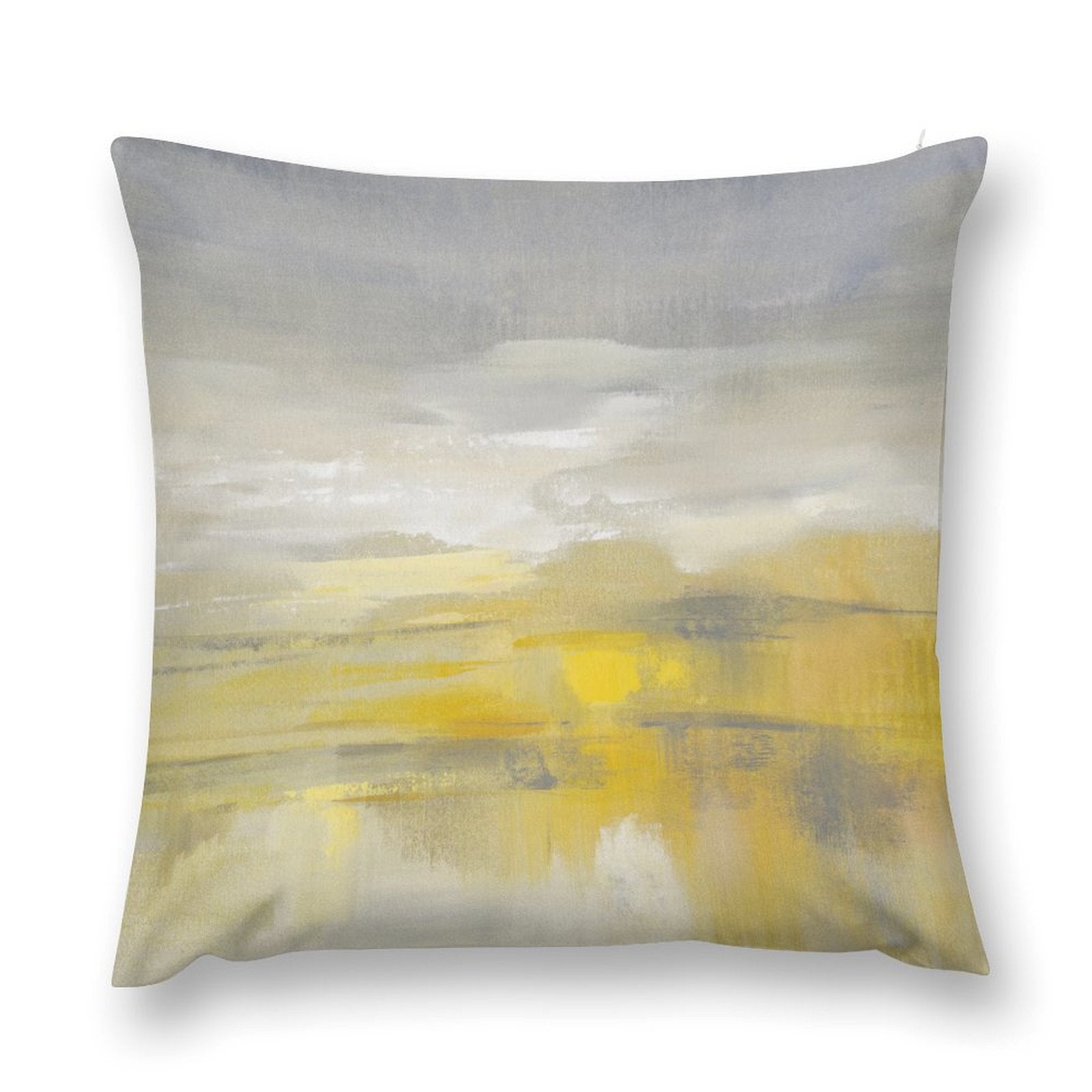 Abstract art print plush pillow cover. Yellow and gray landscape design for sofa, couch, living room.