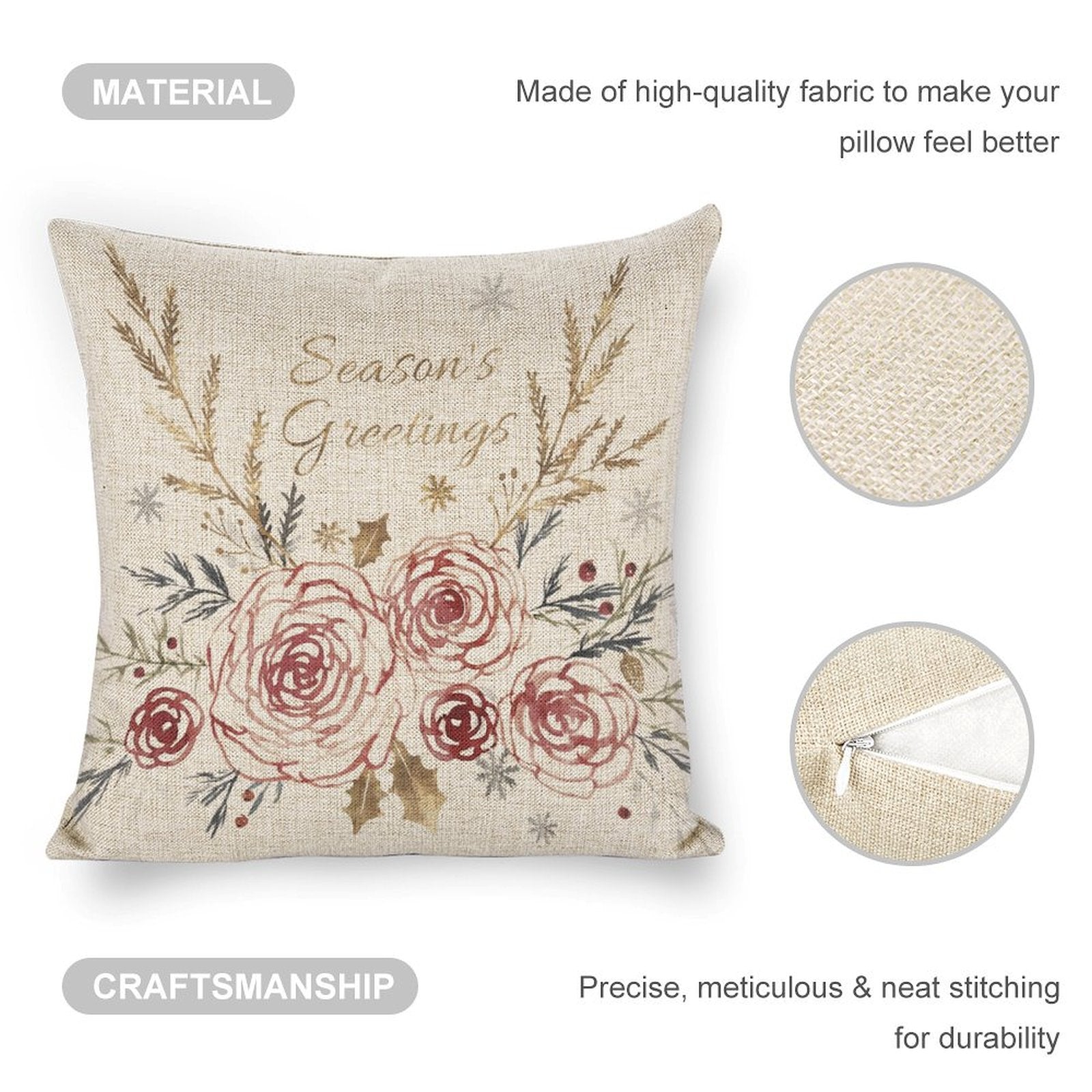 Linen Christmas pillow cover with floral design and 'Season's Greetings' text