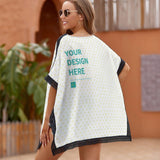 Custom swimsuit cover up with 'YOUR DESIGN HERE', heart print, and black lace trim. Perfect for beach or pool.