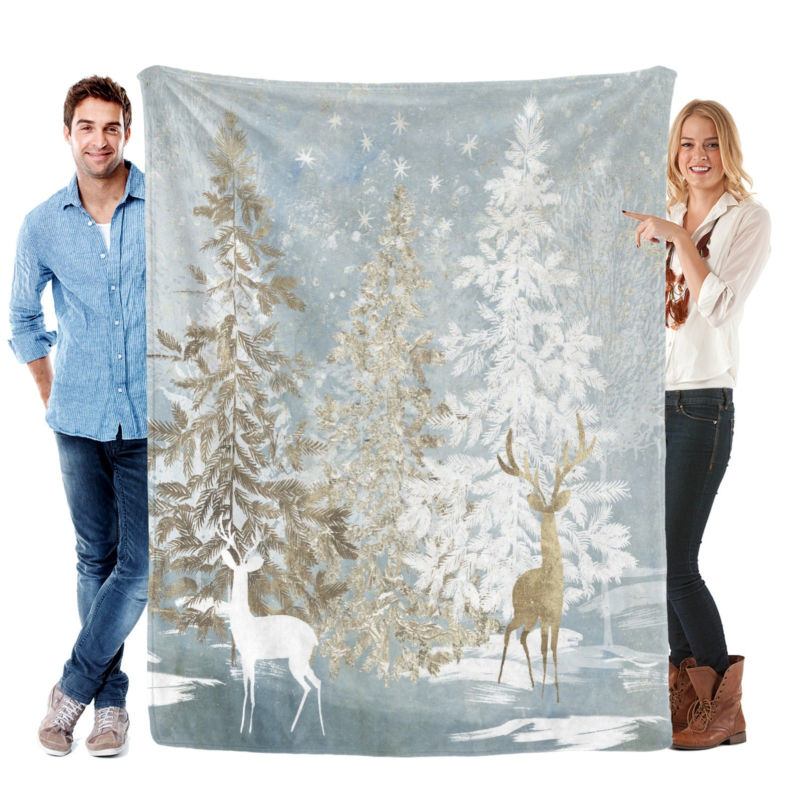 Blue Winter Forest Deer Flannel Blanket - Soft, warm, perfect for sofa or bed.