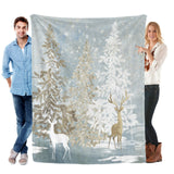 Blue Winter Forest Deer Flannel Blanket - Soft, warm, perfect for sofa or bed.