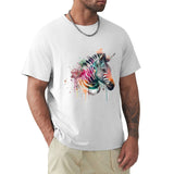 Men's white crew neck t-shirt with watercolor zebra design. Casual cotton tee for men.