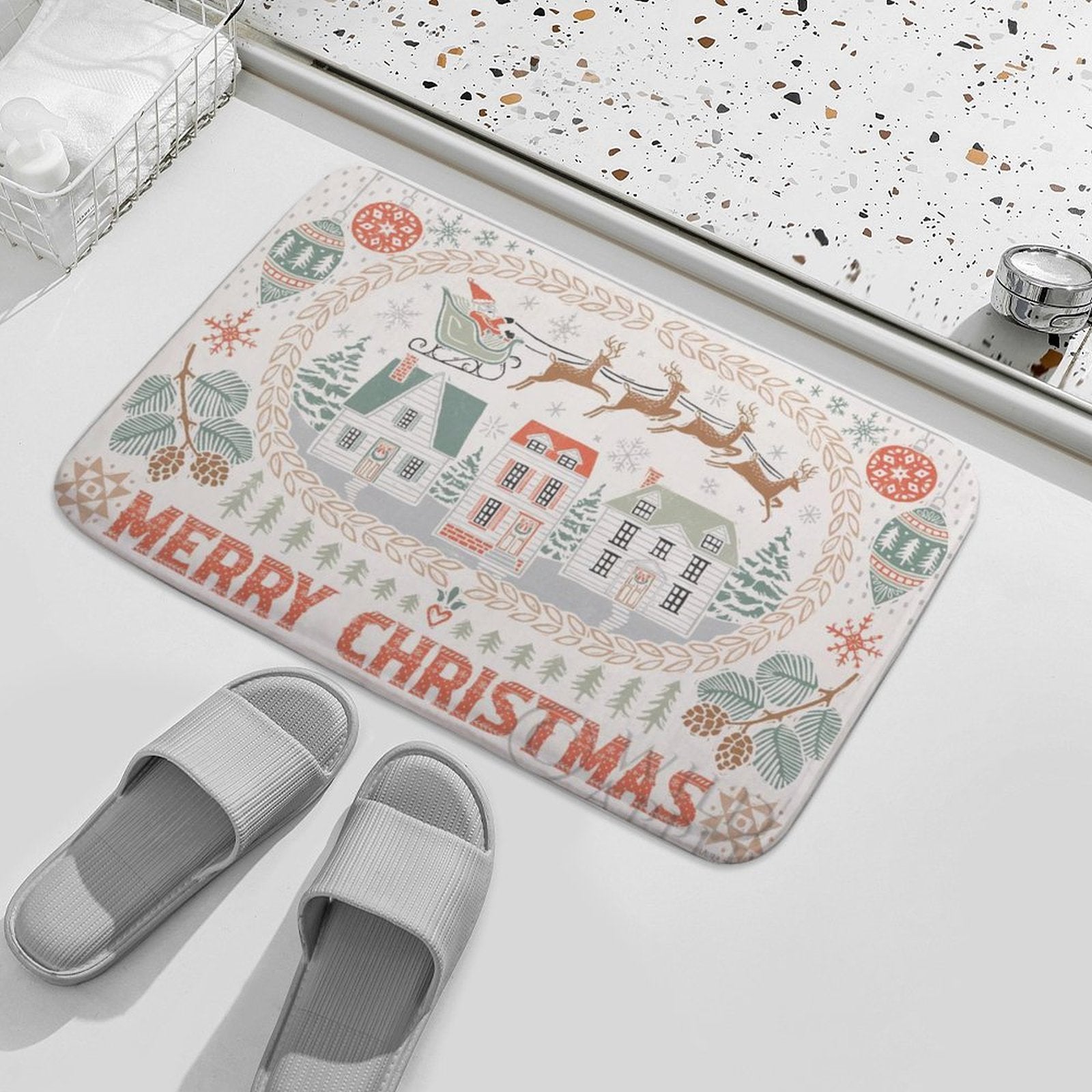 Coral velvet Merry Christmas bath rug, non-slip, for bathroom or kitchen. Features Santa, sleigh, and holiday design.