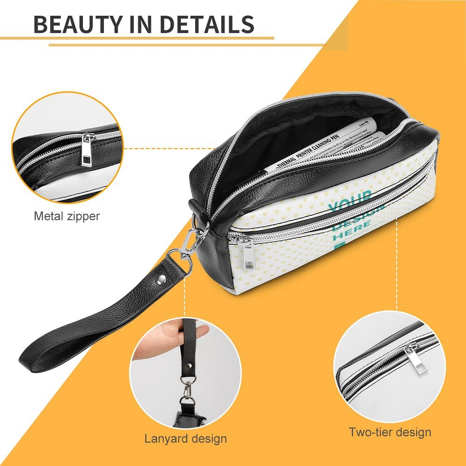 Customizable leather pen bag with double zipper, and "YOUR DESIGN HERE" print for women and girls.