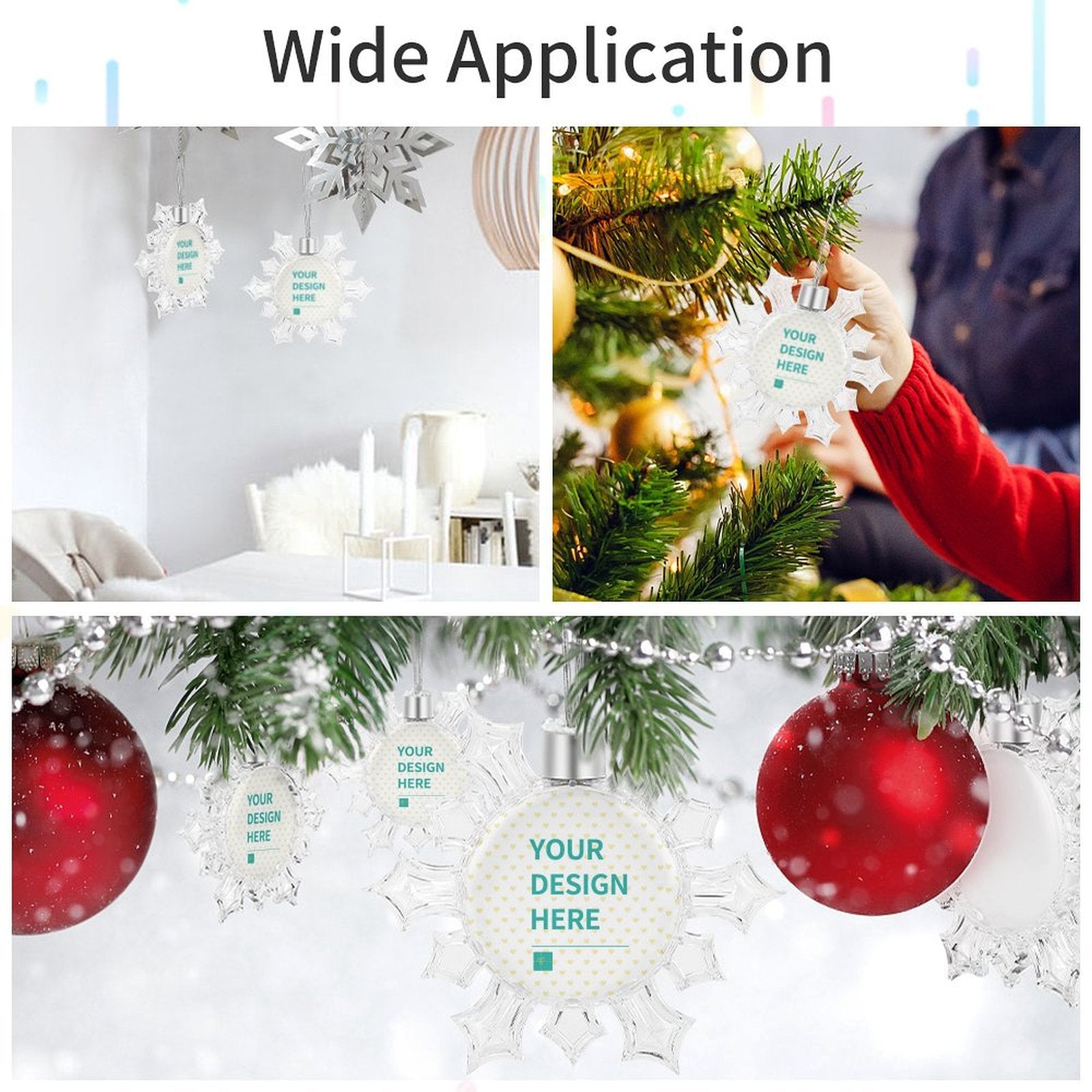 Custom snowflake Christmas ornaments with personalized design, perfect for holiday decor.