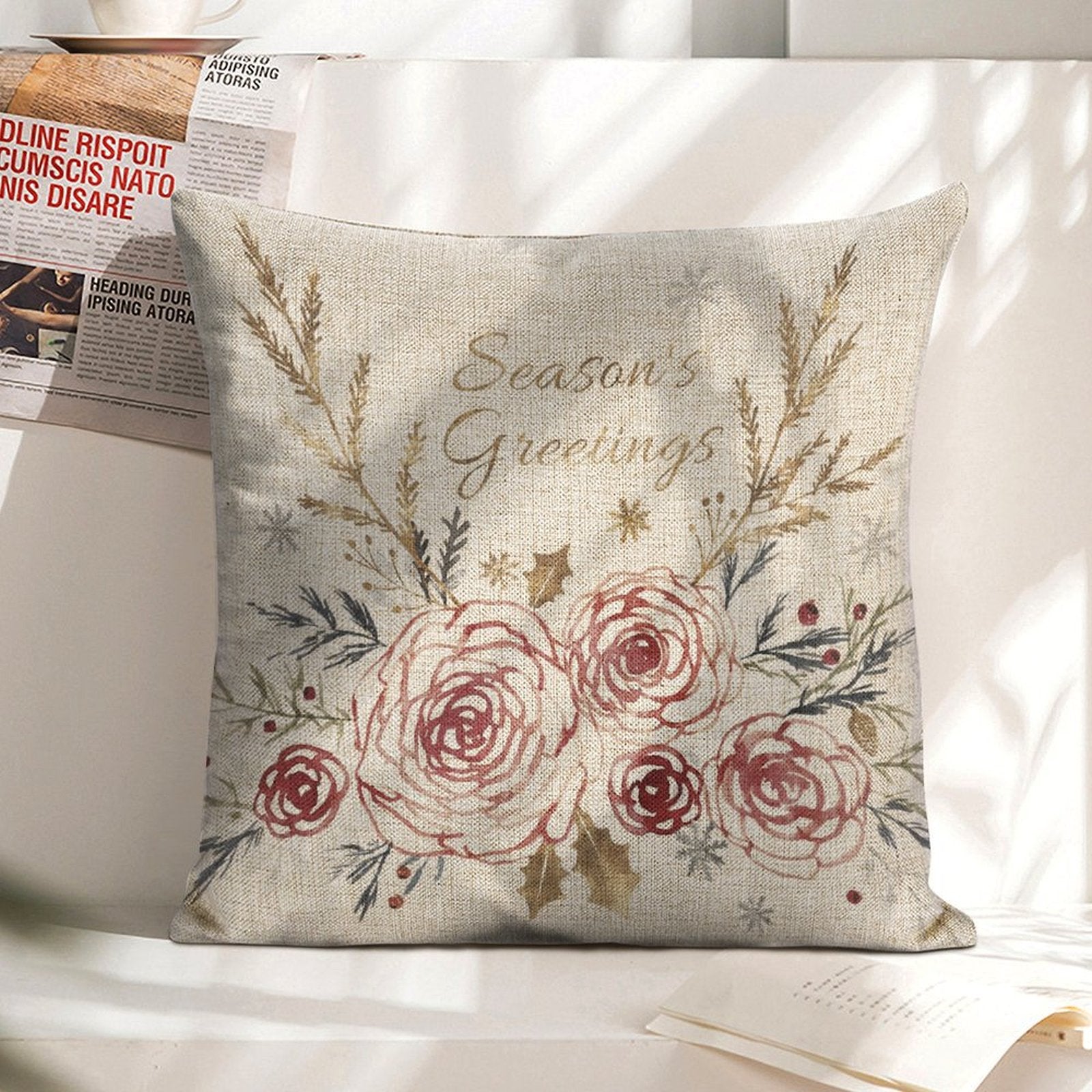 Christmas linen pillow cover with floral design and "Season's Greetings" text, for sofa, couch or bed decor.