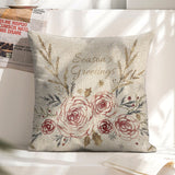 Christmas linen pillow cover with floral design and "Season's Greetings" text, for sofa, couch or bed decor.