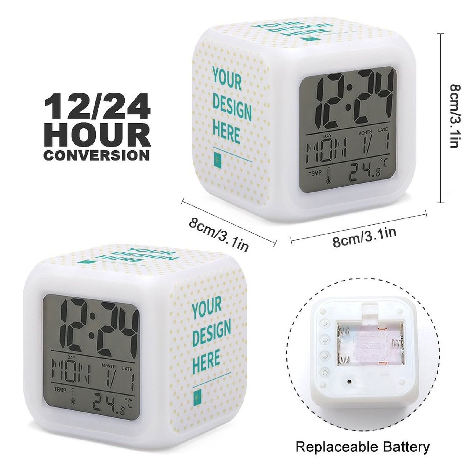 Custom digital alarm clock for bedroom, white cube display time, date and temp, customizable design.