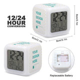 Custom digital alarm clock for bedroom, white cube display time, date and temp, customizable design.