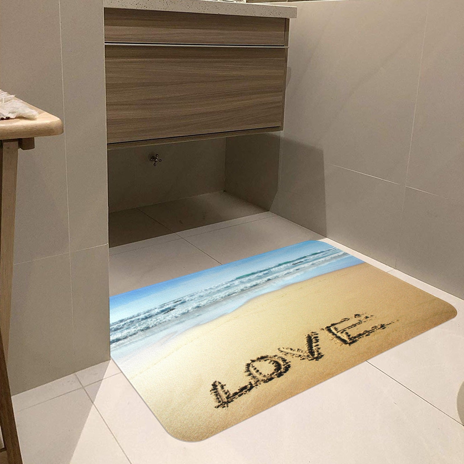 Love Beach Doormat, rubber floor mat with LOVE text in sand for indoor/outdoor use.