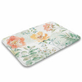 Coral velvet bath rug with watercolor floral design, non-slip floor carpet for bathroom and kitchen.