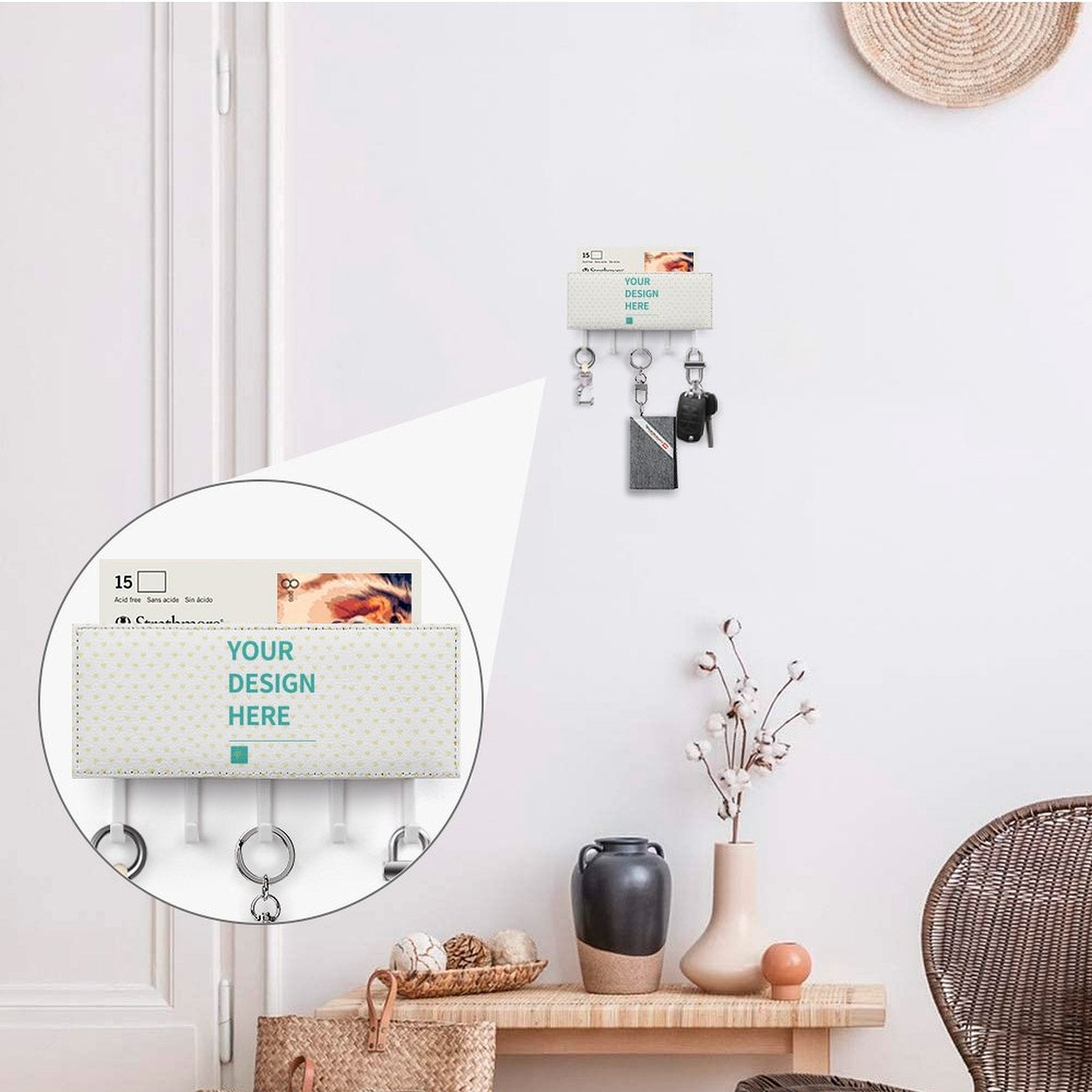 Personalized PU leather key holder for wall with custom design. Stylish key hanger for home decor, perfect housewarming gift.