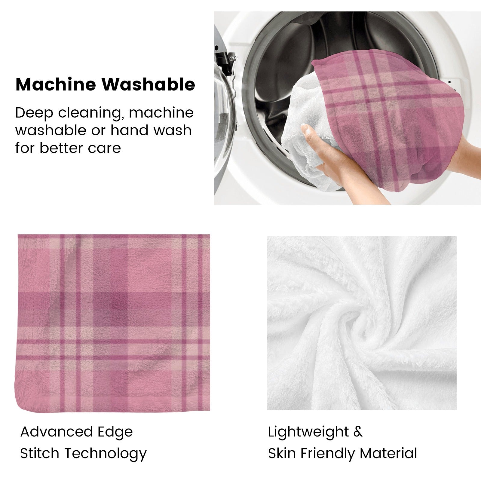 Machine-washable pink buffalo plaid blanket, soft polyester, featuring advanced stitch technology and skin-friendly material.