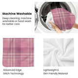 Machine-washable pink buffalo plaid blanket, soft polyester, featuring advanced stitch technology and skin-friendly material.