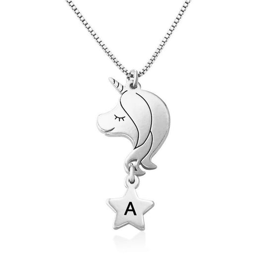 Silver unicorn necklace for girls with initial "A" pendant, custom jewelry gift for daughter