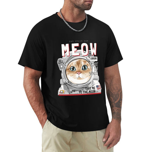 Black Men's Short Sleeve T-Shirt with Cat Astronaut Print, Classic Tees, MEOW Design