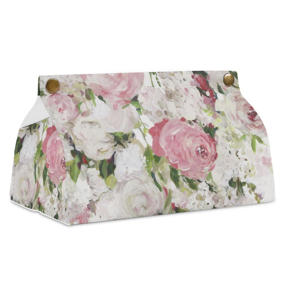 Floral Tissue Box Cover, Rectangular Facial Tissue Holder, PU Material