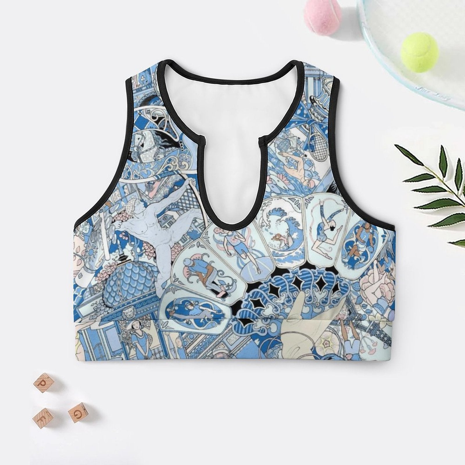 Artistic blue pattern U-neck sports bra for yoga and workout.