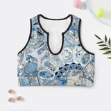 Artistic blue pattern U-neck sports bra for yoga and workout.