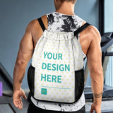 Customizable drawstring backpack, white with yellow hearts, 'YOUR DESIGN HERE', ideal for gym and travel