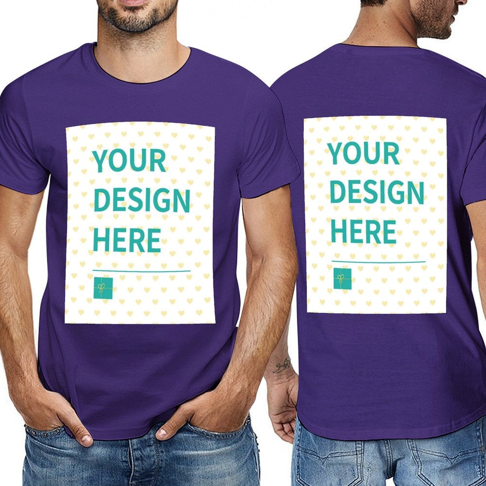 Purple custom t-shirt for men with double-sided 'YOUR DESIGN HERE' print, from MyArtsyGift.