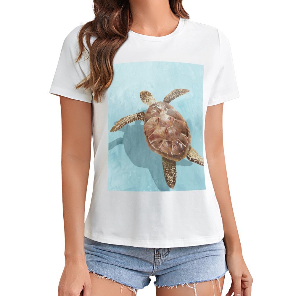 Women's white graphic tee with sea turtle print; crewneck short sleeve t-shirt