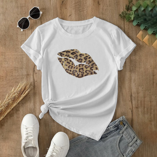 Leopard Kiss Black Texture Classic Women's T-shirt, white cotton tee with lip print