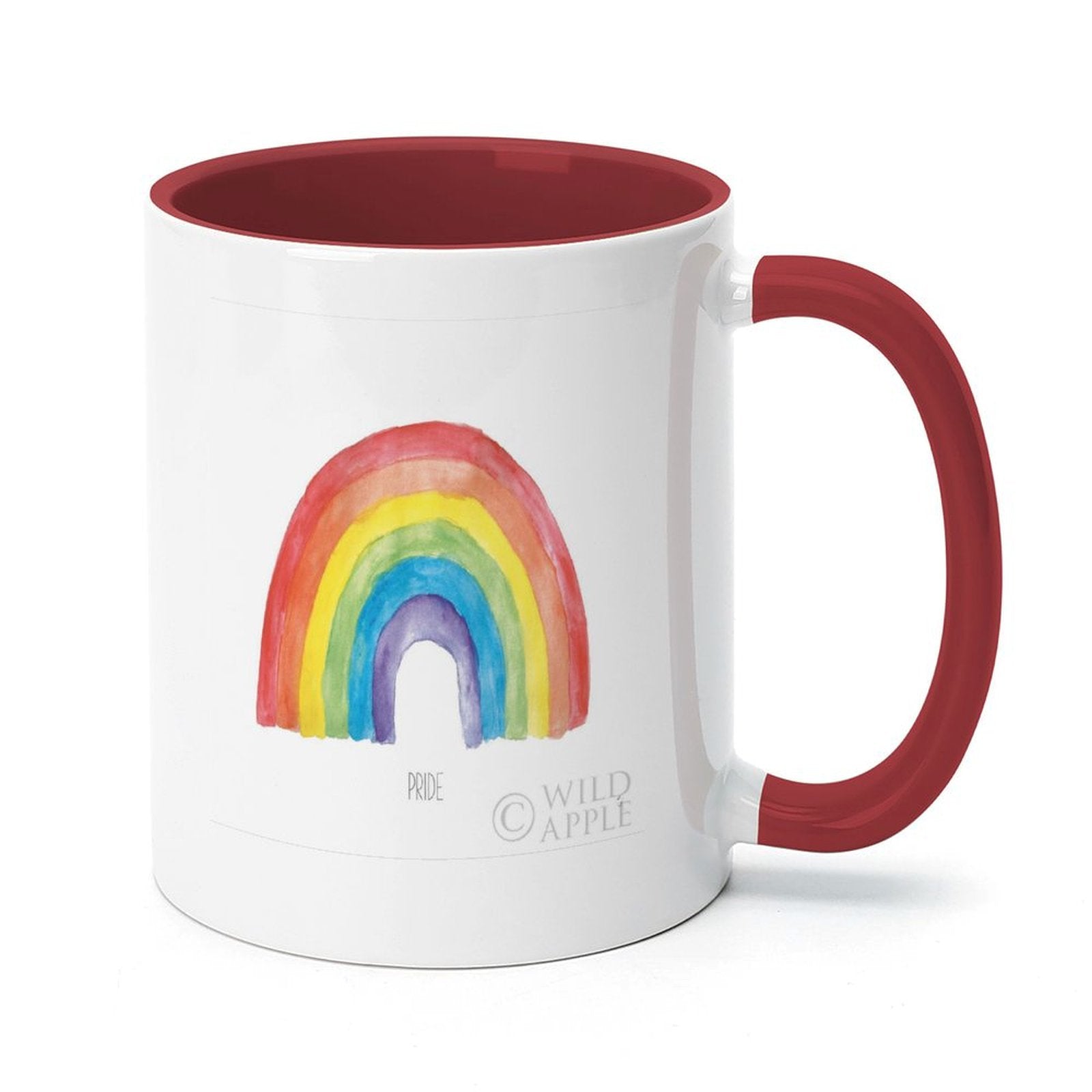 Pride mug with rainbow design, red handle and inner color, from MyArtsyGift. Perfect customizable gift.
