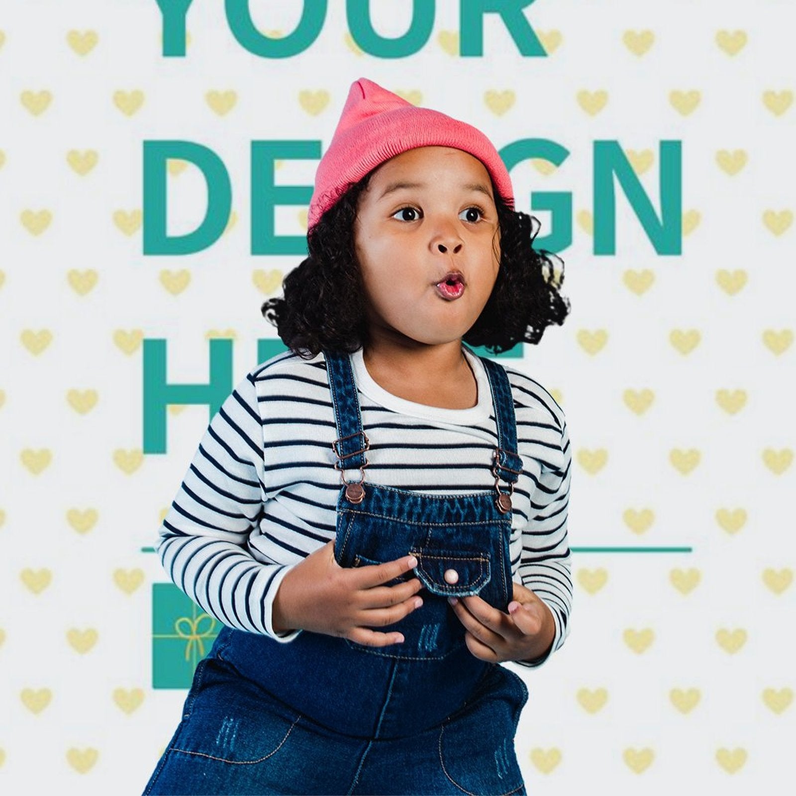 Custom background cloth, child with 'YOUR DESIGN HERE' message, perfect for photography.