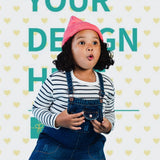 Custom background cloth, child with 'YOUR DESIGN HERE' message, perfect for photography.