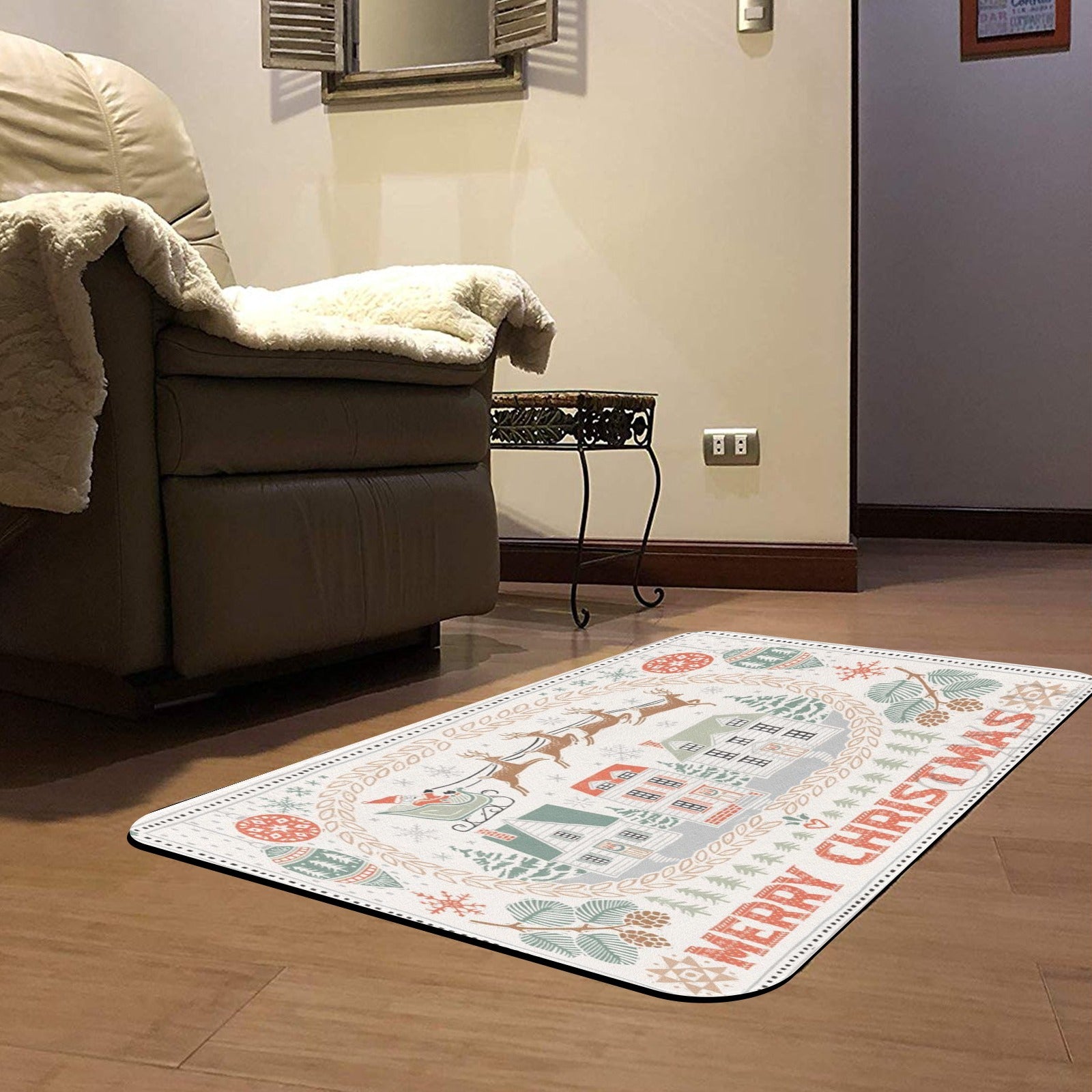 Merry Christmas doormat, white rubber mat with Santa, reindeer, houses design for indoor and outdoor use.