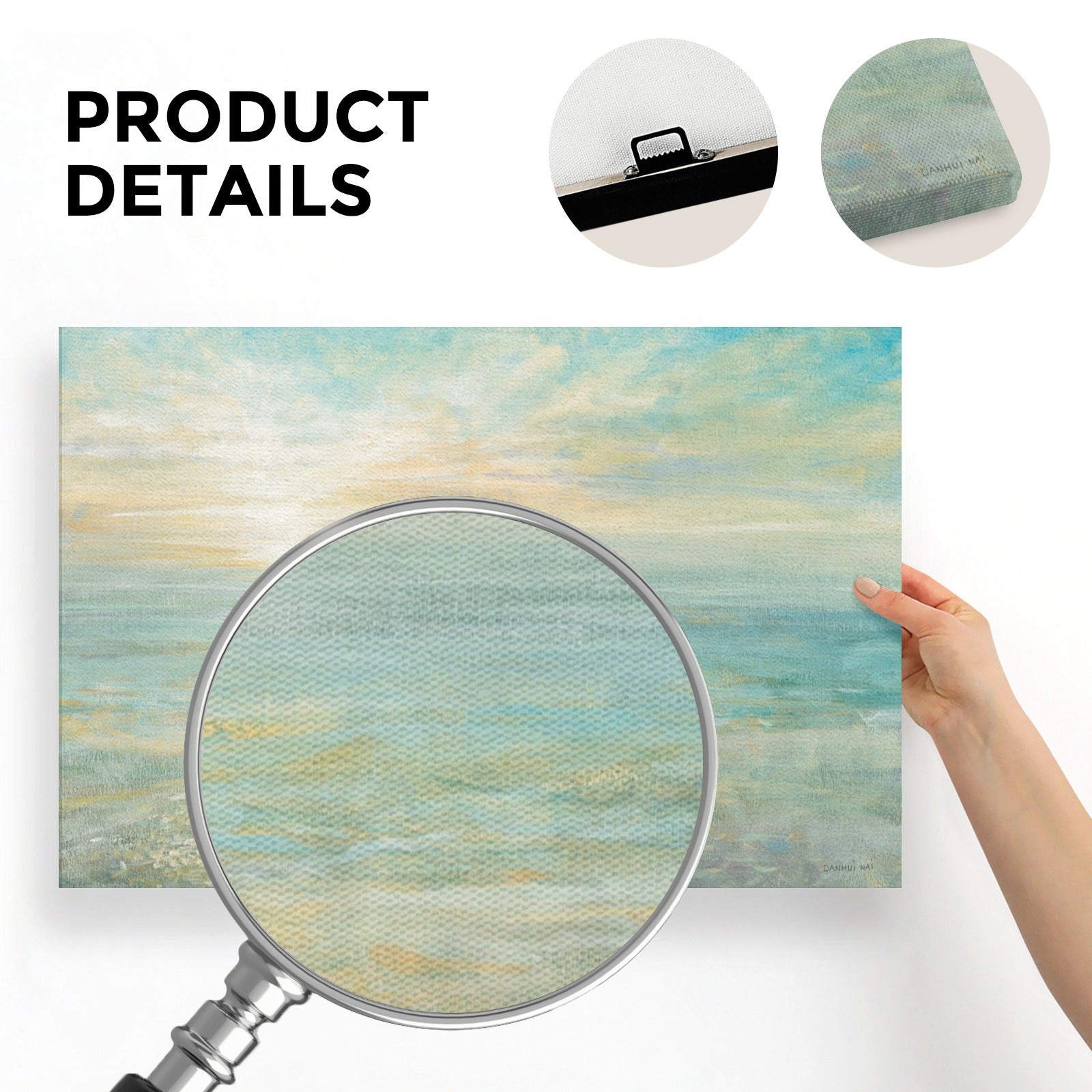 Sunrise canvas print, ocean art with soft colors, made in USA by DANHUI NAI, showing product details