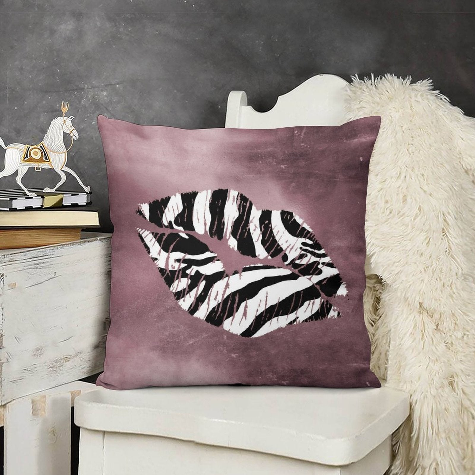 Dusty rose plush pillow cover with zebra print lip design, perfect for sofa or couch decor, soft and comfortable.