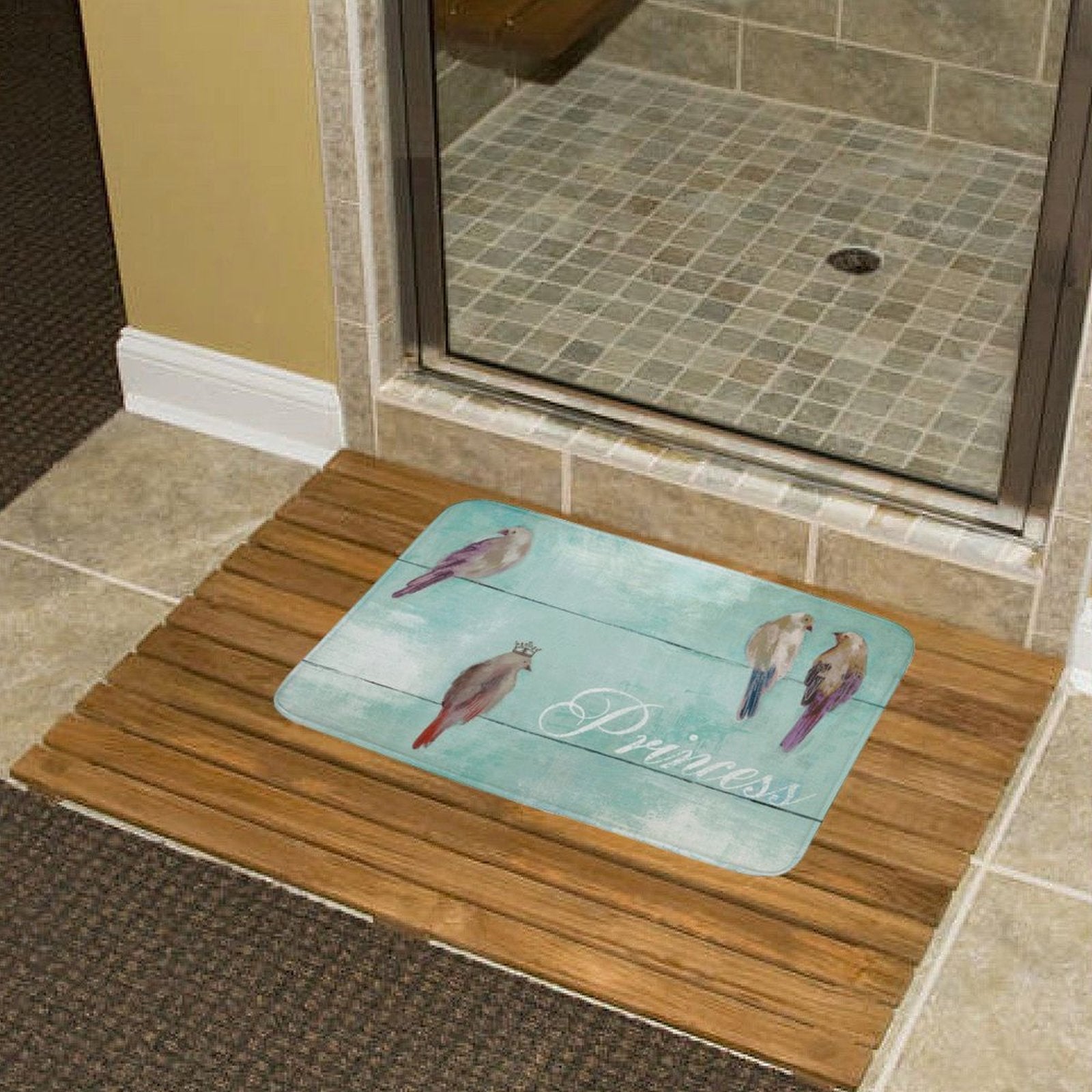 Coral velvet bath rug with princess bird design for bathroom decor