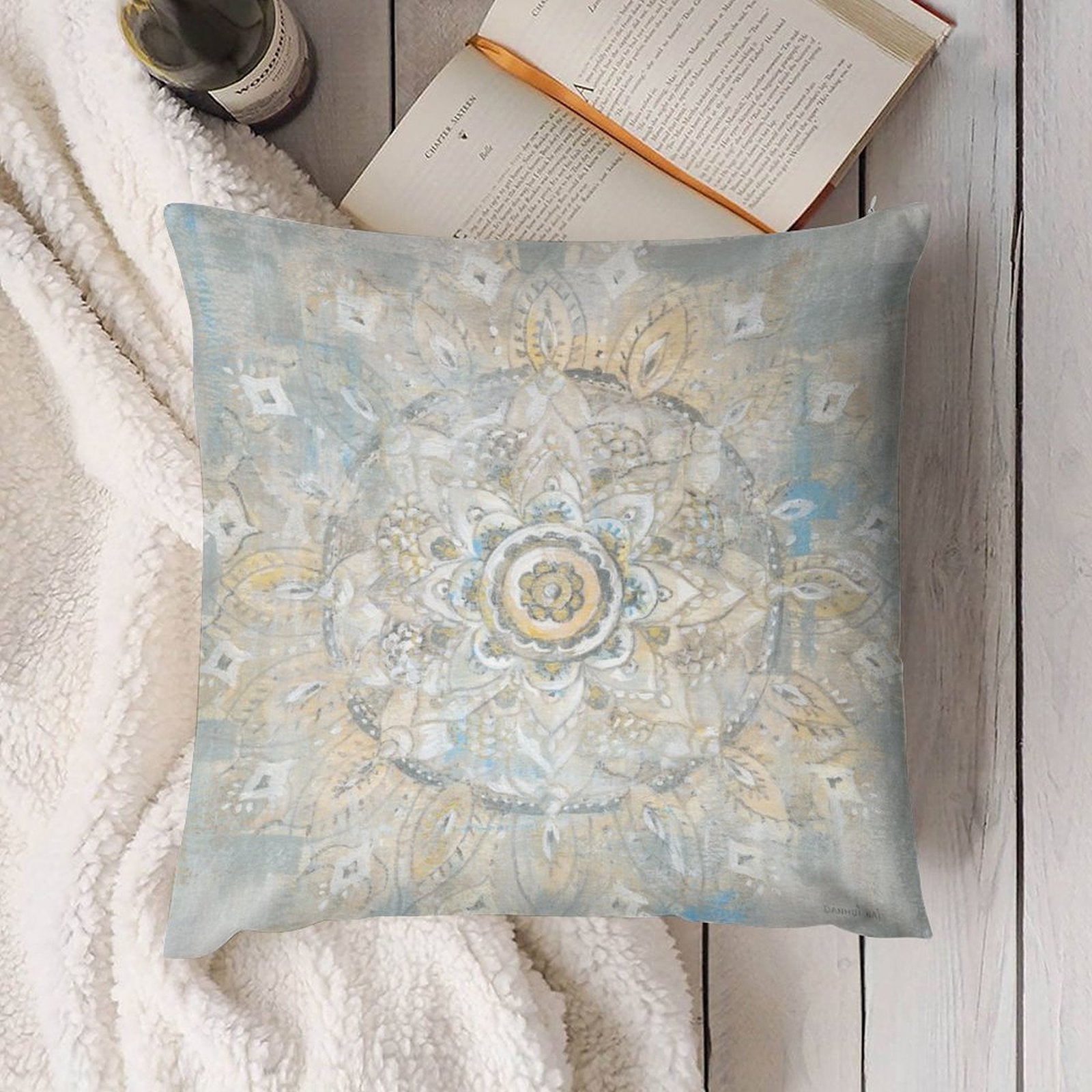 Soft plush throw pillow cover with mandala art, perfect for couch and living room. Decorative accent pillow.