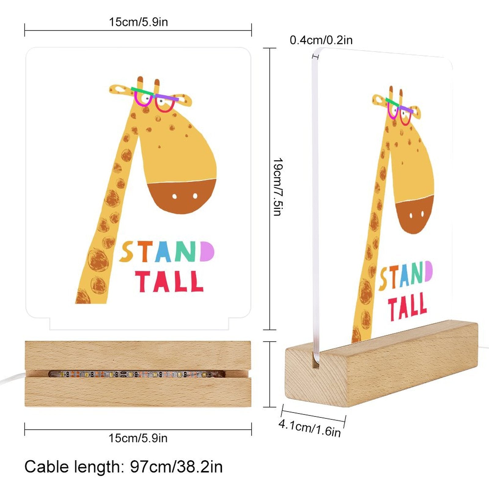 Giraffe night light with 'STAND TALL' text, wooden base and USB, great gift