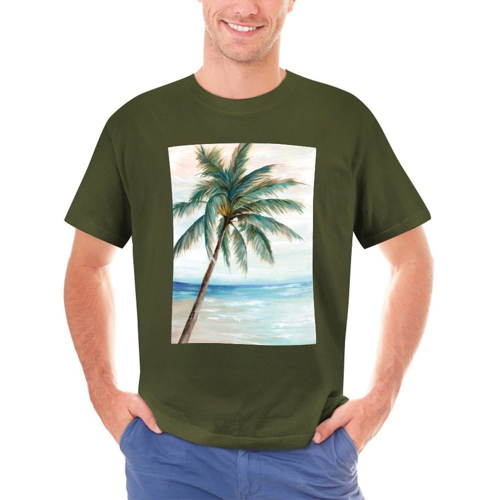Men's green short sleeve t-shirt with palm tree beach graphic, cotton casual wear.