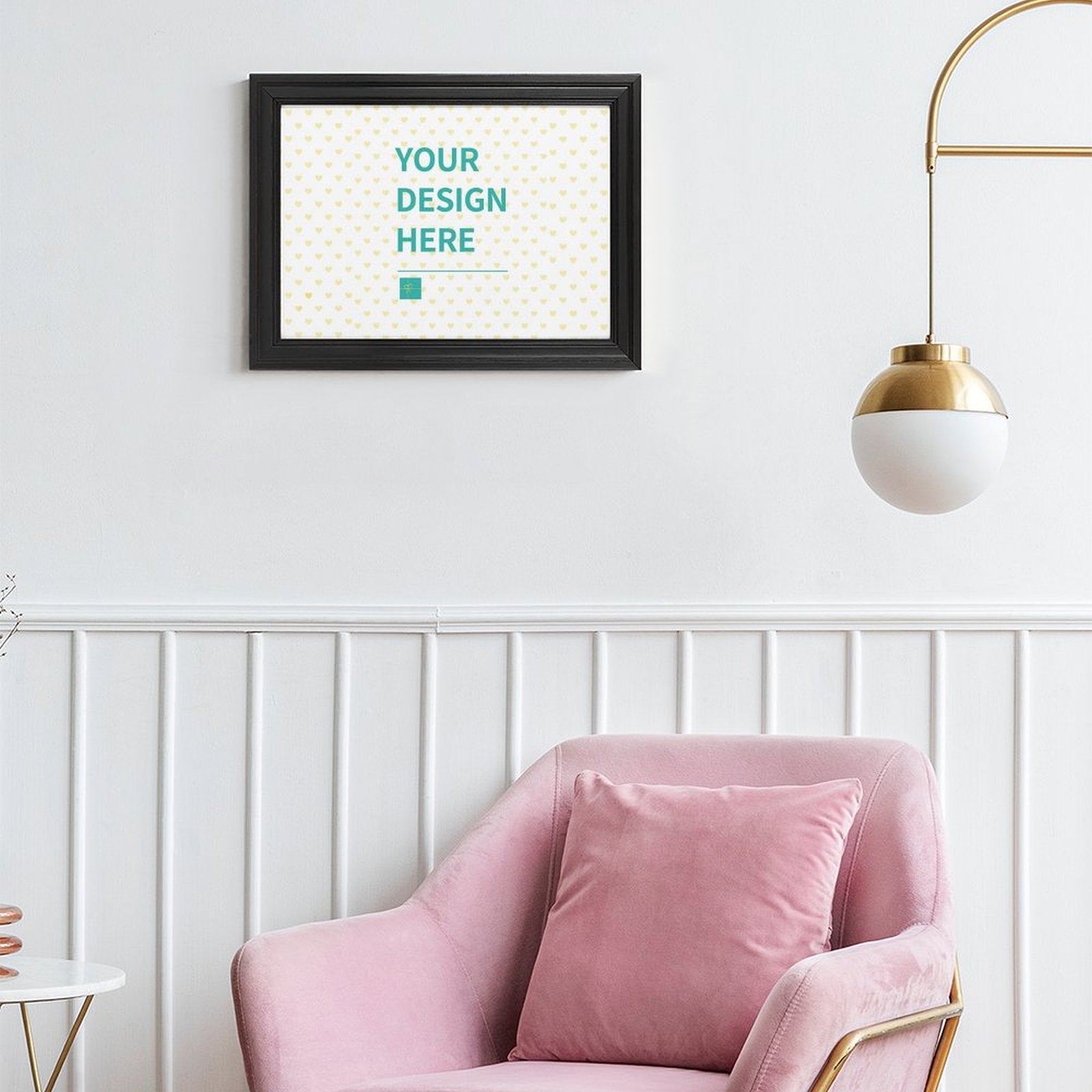 Custom canvas print with black frame and 'YOUR DESIGN HERE' text, personalized wall art for home decor