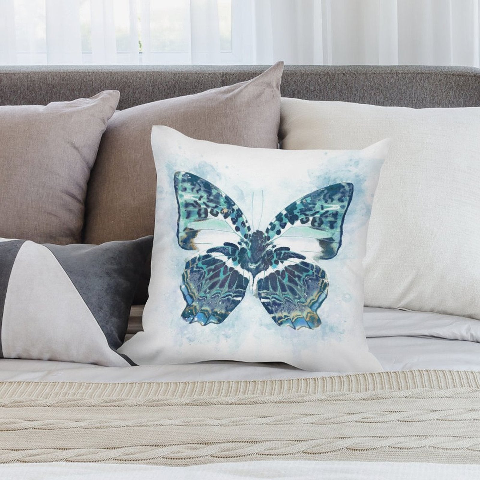 Watercolor butterfly plush pillow cover, decorative for sofa or living room. Soft short plush material