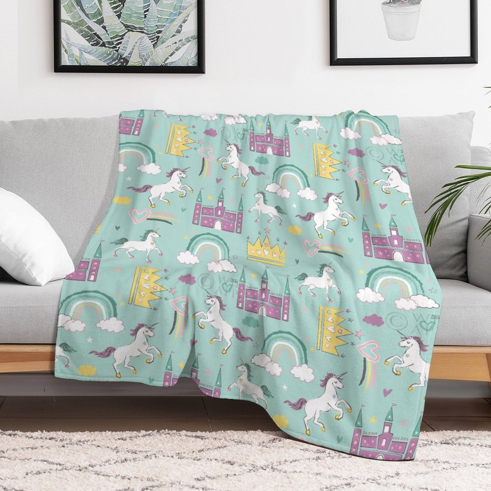 Rainbow Dream Fleece Blanket with unicorns, rainbows, and castles. Soft and warm, perfect for bed, sofa, and travel.