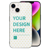 Custom iPhone 14 case with 'YOUR DESIGN HERE' text, yellow heart pattern, MyArtsyGift.com