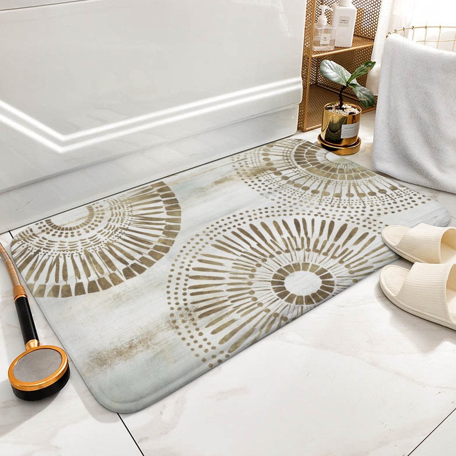 Coral velvet bath rug with gold mandala design, non-slip, absorbent for bathroom decor