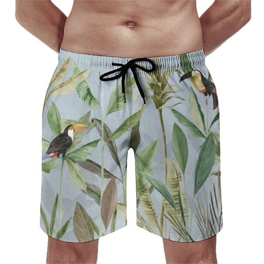 Men's swim trunks with toucan and tropical leaves, quick-drying, perfect for beach or gifts