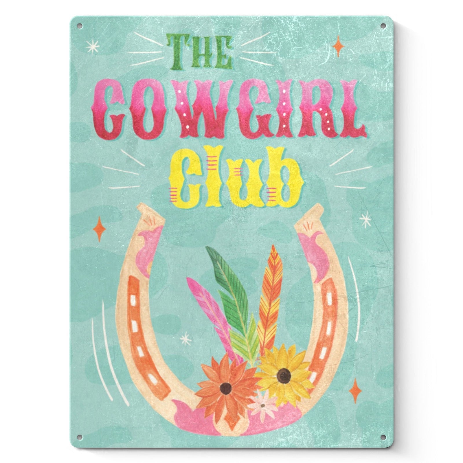 Cowgirl Club tin sign with horseshoe and floral design, a perfect home decor item