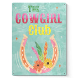 Cowgirl Club tin sign with horseshoe and floral design, a perfect home decor item