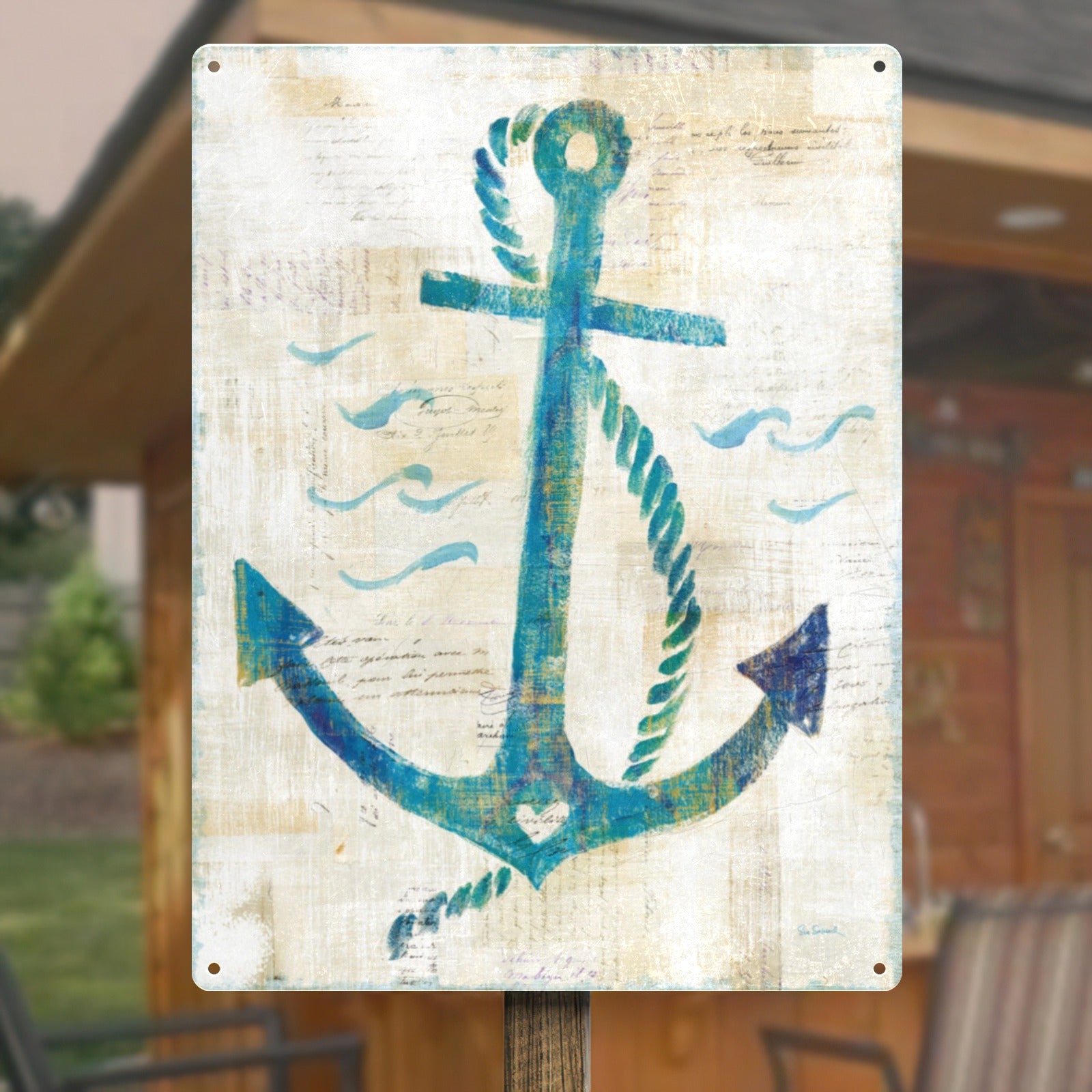 Blue anchor metal sign with nautical theme for home decor. Made in USA, vintage design.