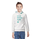 Custom hoodie for kids with Your Design Here text, featuring a boy model. Personalized sweatshirt design.