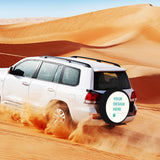 Custom Leather Spare Tire Cover on SUV in Desert. Your Design Here - RV/SUV protection.