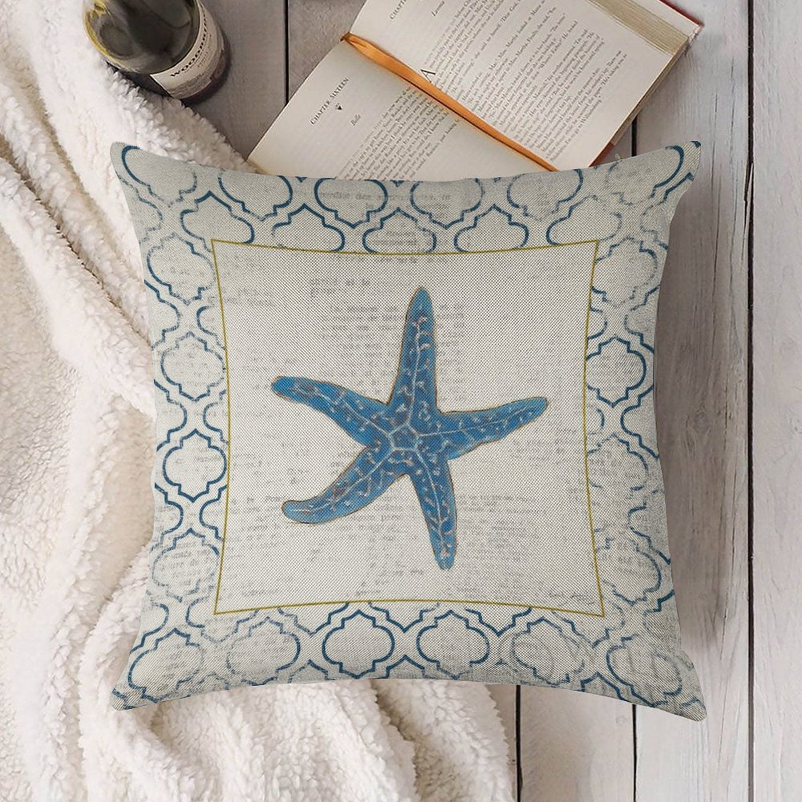 Linen throw pillow case with a blue starfish design, perfect for living room decor